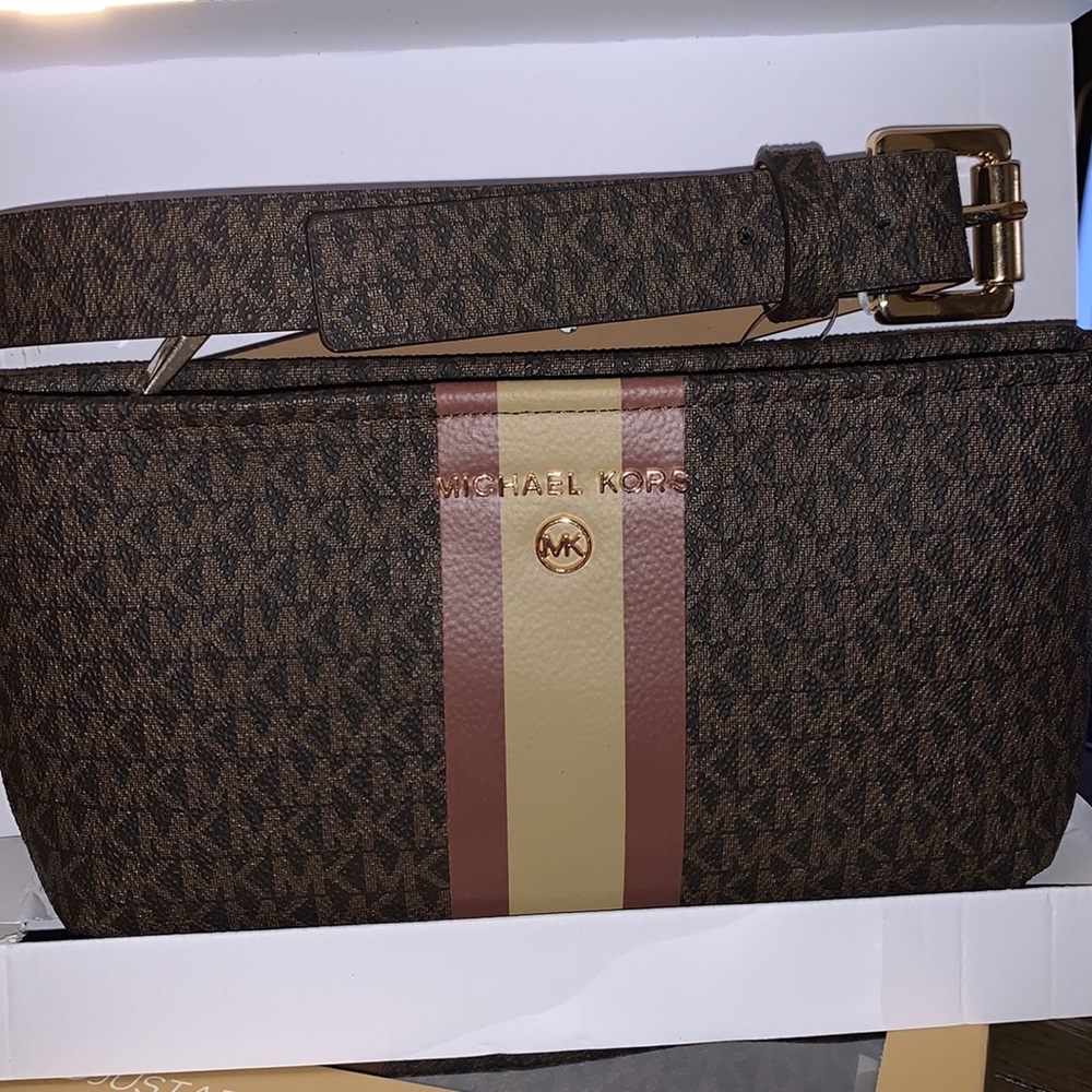 Michael Kors Brown Belt Bag Brown/Tan Striped MK Jet Logo Women's Waist Pack NEW